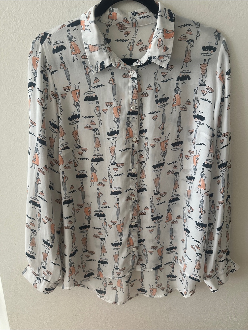 George White Button-Up Blouse with Peach and Navy Graphic Print